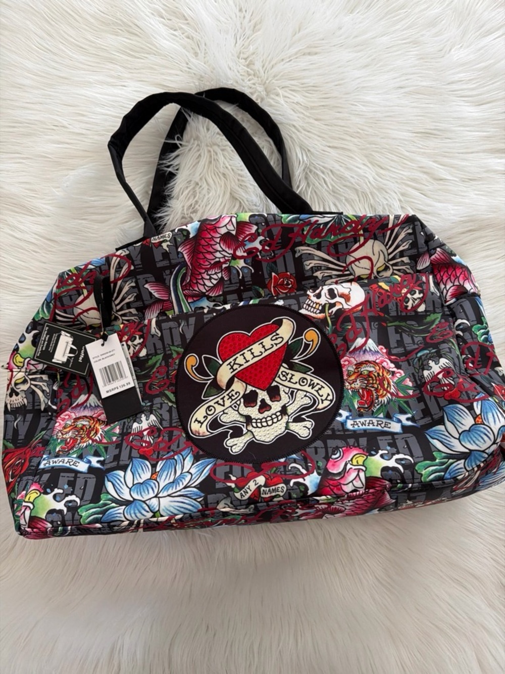 Ed Hardy Black Multicolor Tattoo-Print Tote with Heart Skull Patch